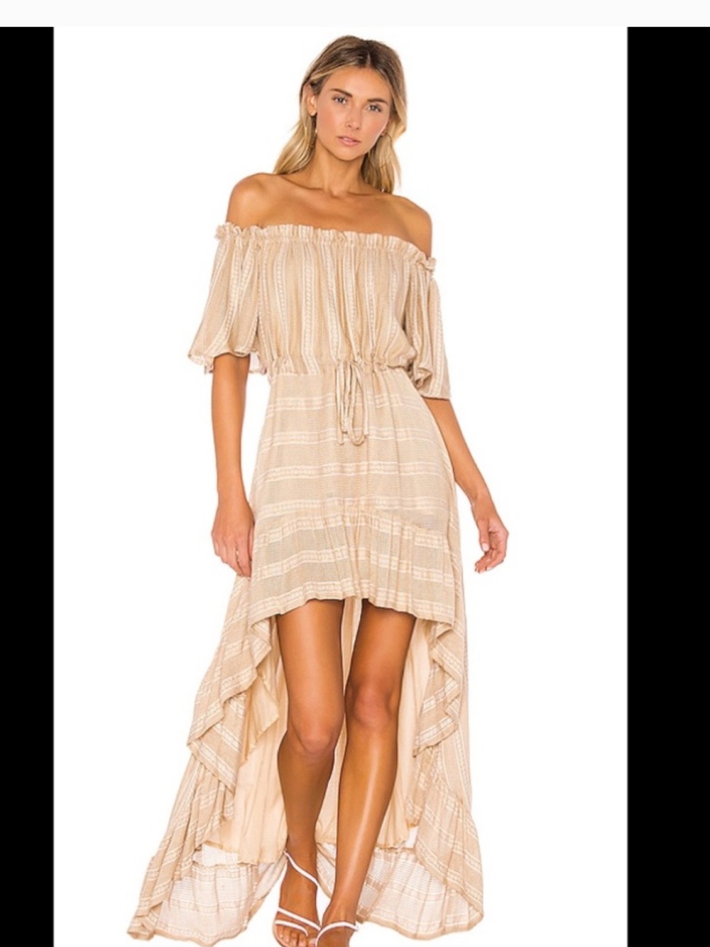 Sundress Alena Dress in Lisbonne Beige Off-Shoulder Beige High-Low Maxi Dress